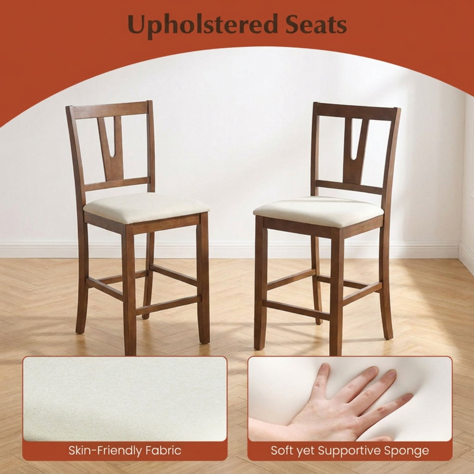 Furnibear Counter Height Bar Stools with Contoured V-Back-Set of 2 for Kitchen Island Counter Bar Pub Dining Home, Walnut