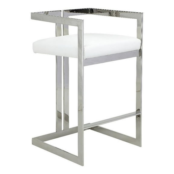Suki 30 Inch Barstool Chair- White Faux Leather- Silver Stainless Steel