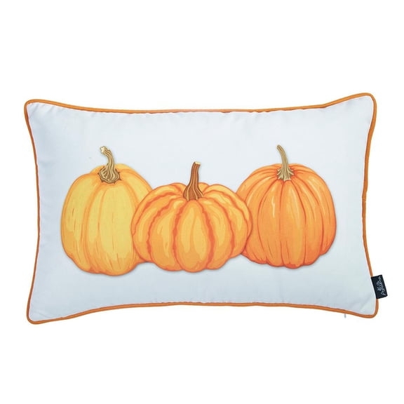 Decorative Fall Thanksgiving Single Throw Pillow Cover Pumpkins 12 in. x 20 in. White & Orange Lumbar for Couch, Bedding