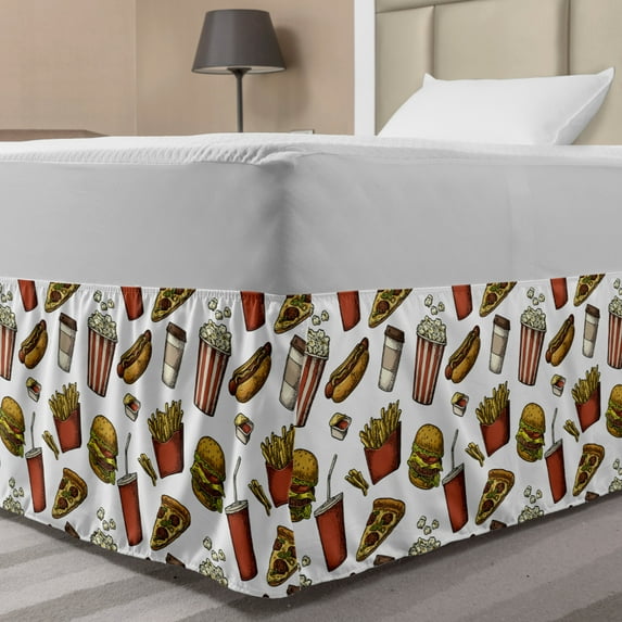 Fast Food Bed Skirt, Digitally Generated Fattening Food Burger Popcorn Pizza Ketchup Fries, Elastic Bedskirt Dust Ruffle Wrap Around for Bedding Decor, 4 Sizes, Multicolor, by Ambesonne