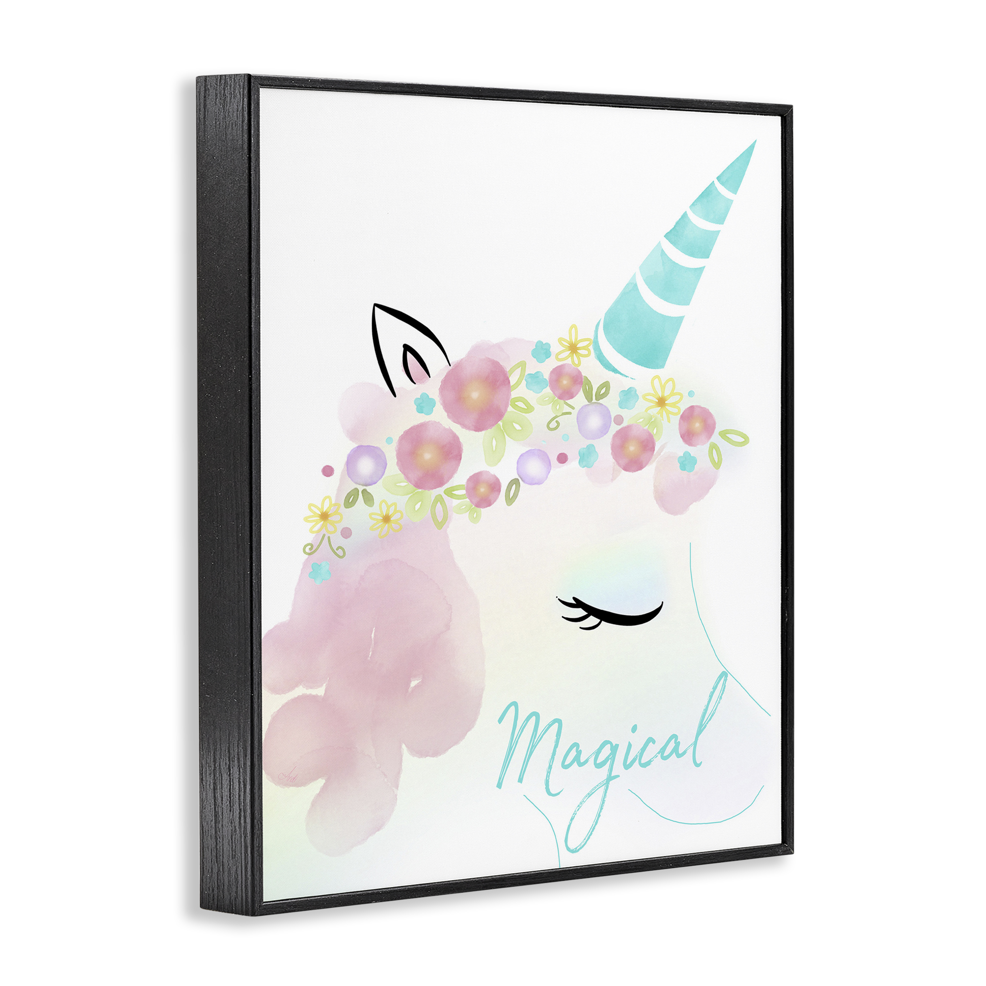 Stupell Industries Magical Floral Unicorn Fairy Tales & Fantasy Painting Black Framed Art Print Wall Art, 11 x 14