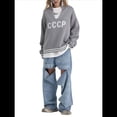 thumbnail image 3 of Suéter de Punto con Cuello en V y Larga para Mujer con Estampado de Letras Gris L, 3 of 7