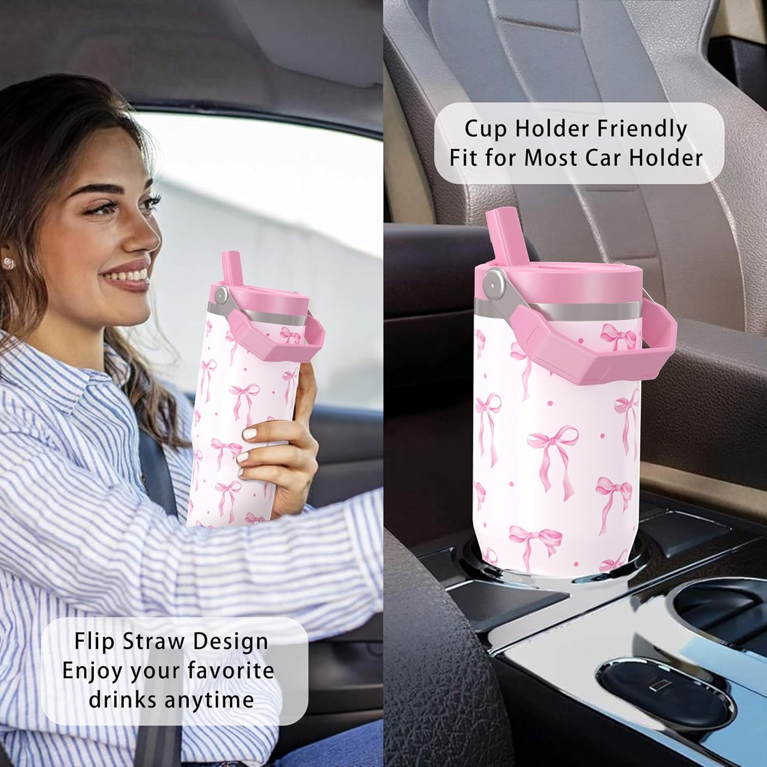 30 oz Bow Tumbler with Straw Handle, Gifts for Women Who Loves Bow, Stainless Steel Insulated Water Bottle Coffee Cups for Home Office Travel