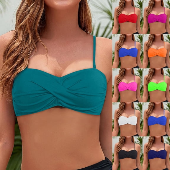 Aihuaihua Bikini Tops for Women Twist Knot Push Up Padded Swimsuit with Removable Straps Bathing Suits Beach Full Coverage Bandeau Swimsuit Top Only Orange M