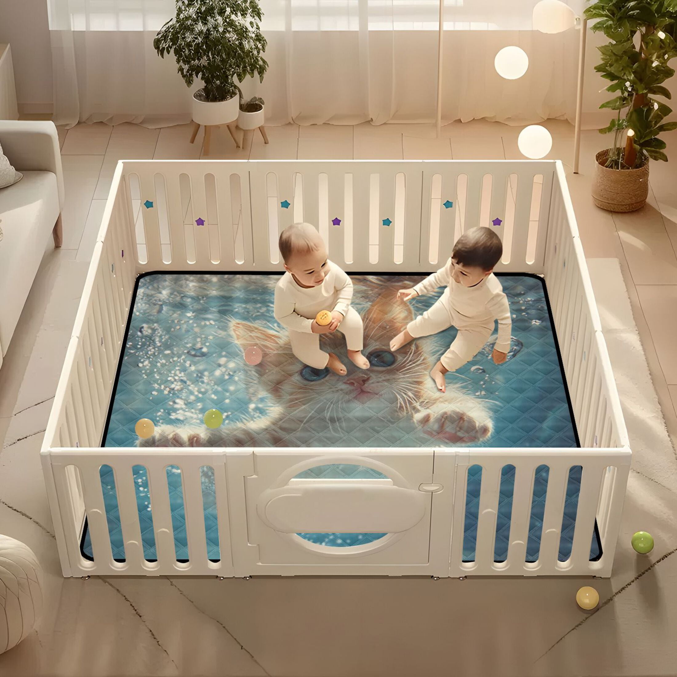 WOBOGO Cute Kitten Swim Underwater Baby Playmats Extra Large Waterproof Rollable Activity Pads for Toddlers 50×50inch