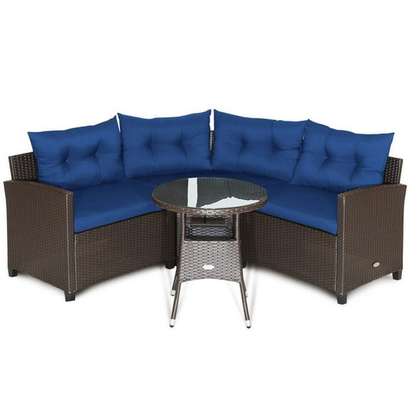 Spaco 4 Pieces Patio Rattan Furniture Set of Cushioned Sofa and Glass Table, Furniture Set with Thickened Seat and Back Cushions, Furniture Set for Outdoor as Garden, Patio, Navy