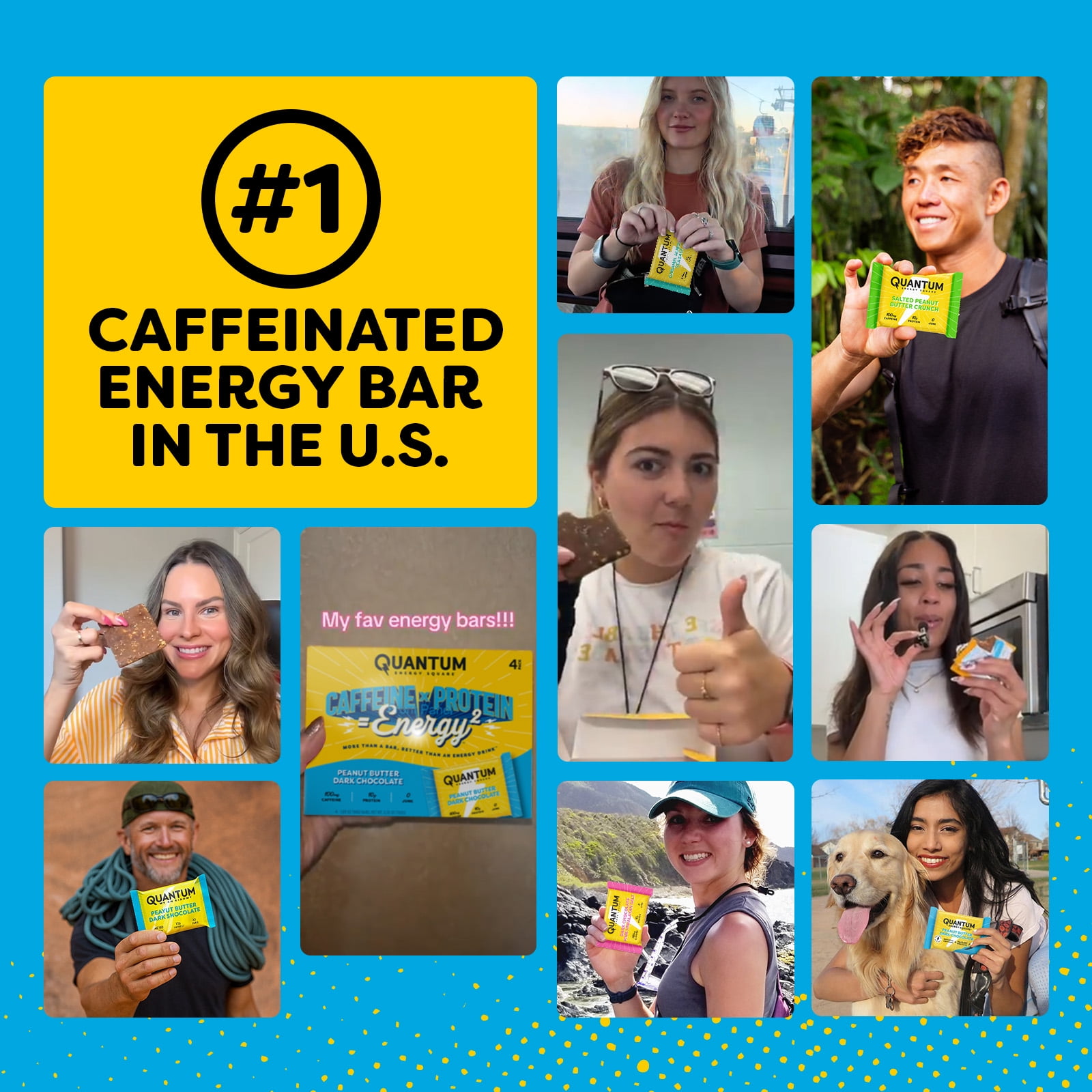Quantum Energy Square: Energy Bar with Caffeine & 10g Protein. Delicious Healthy Snack On The Go. (Vegan, Gluten-free, Soy-free, Dairy-free). Flavor: Peanut Butter Dark Chocolate 8Pk