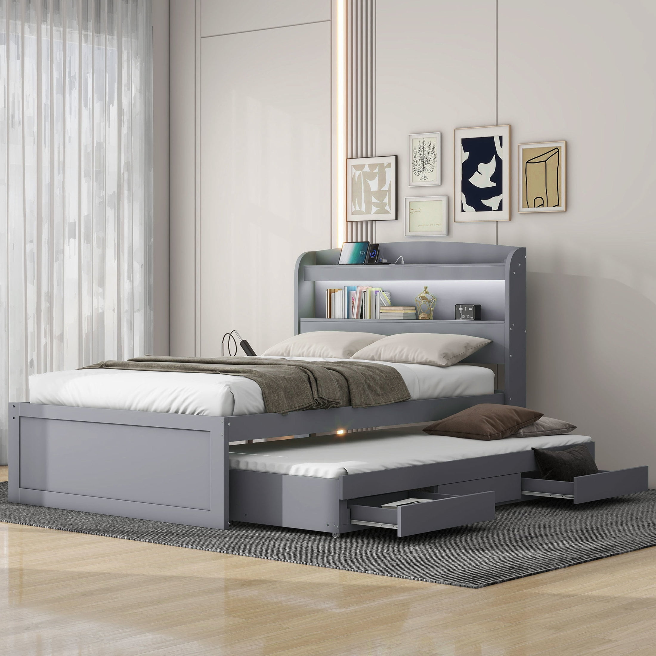 Noble House Arley Twin XL Platform Bed with LED Storage Headboard, Charging Station and Integrated Trundle, Gray