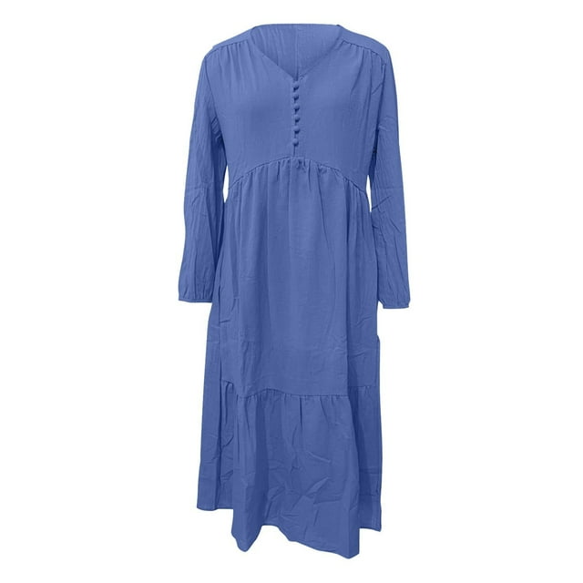 Sexy Dance Robe Longue Femme Boutons Décoratifs Maxi Robes Col en V Plissée Manches Longues Bleu Profond 3TG