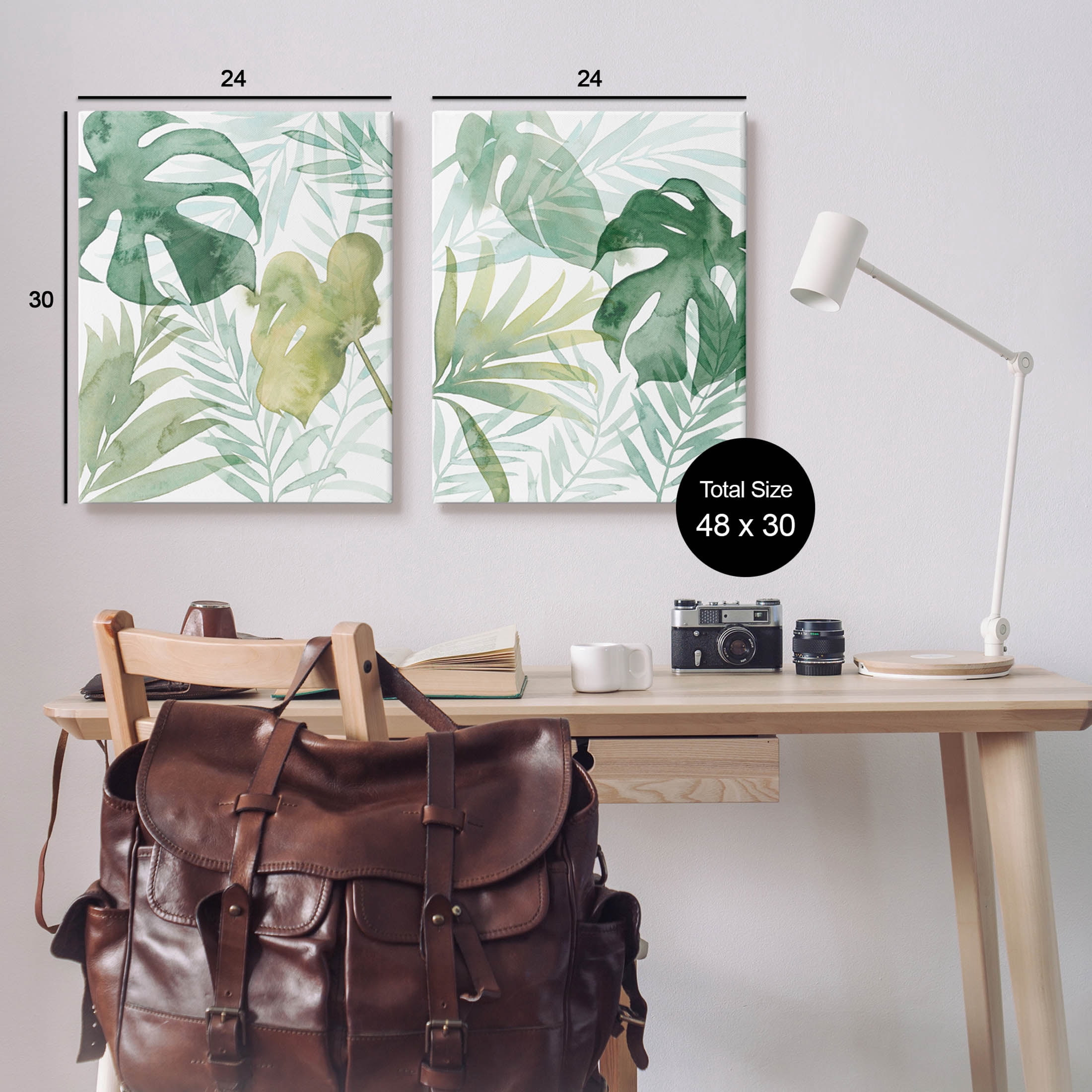 Layered Lush Green Plant Leaves Botanical & Floral Graphic Art Gallery Wrapped Canvas Print Wall Art, Set of 2