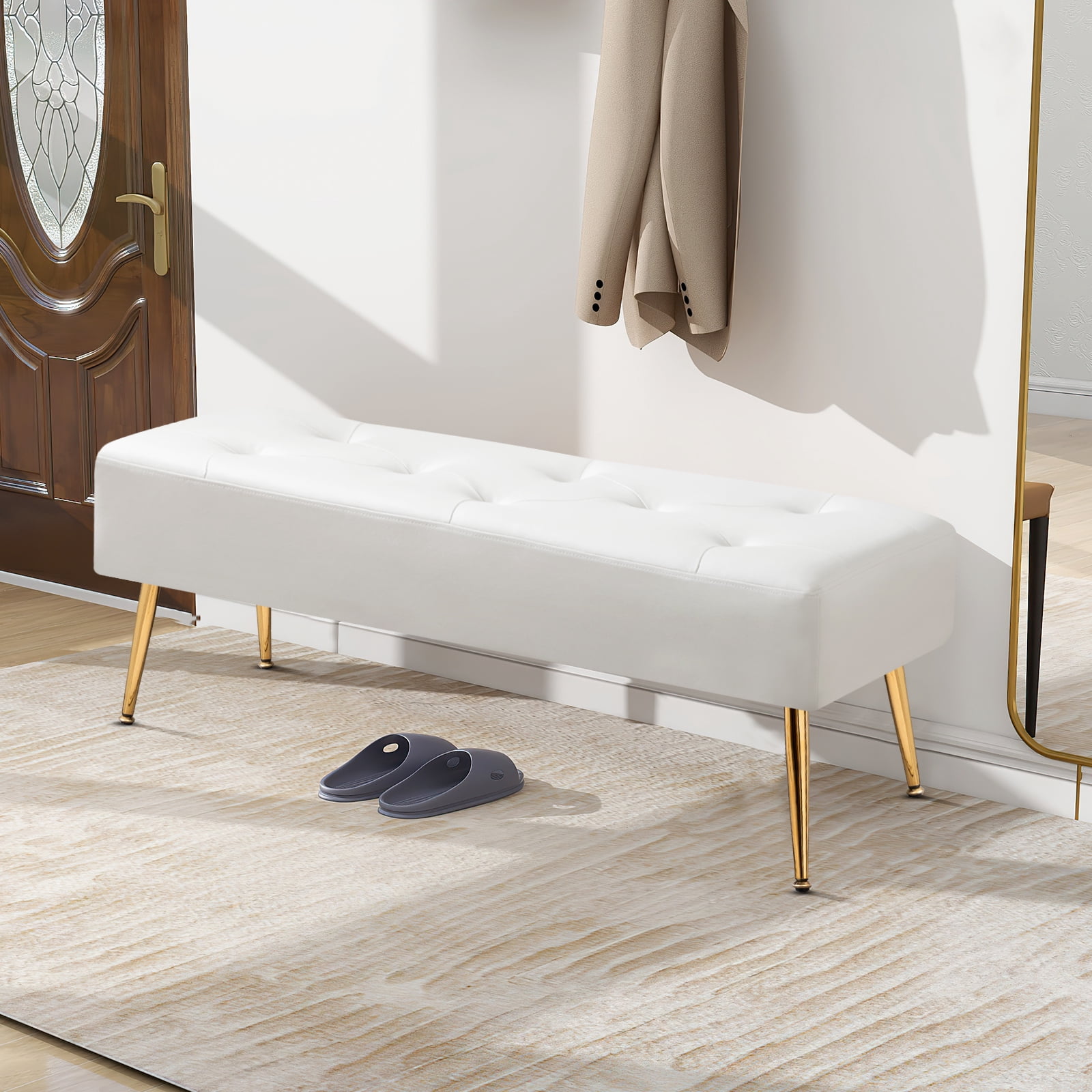 Furniliving  PU Ottoman Bench Modern Mudroom Bench Shoe Bench Upholstered Bedroom Bench,Ivory White