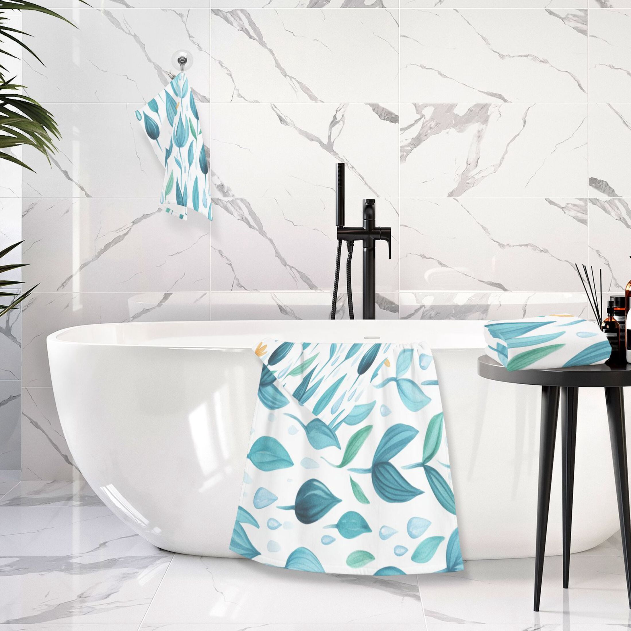 Teal Leaf Design 2 Piece Cotton Bath and Face Towel Set Soft and Absorbent, for Beach Pool Bathroom