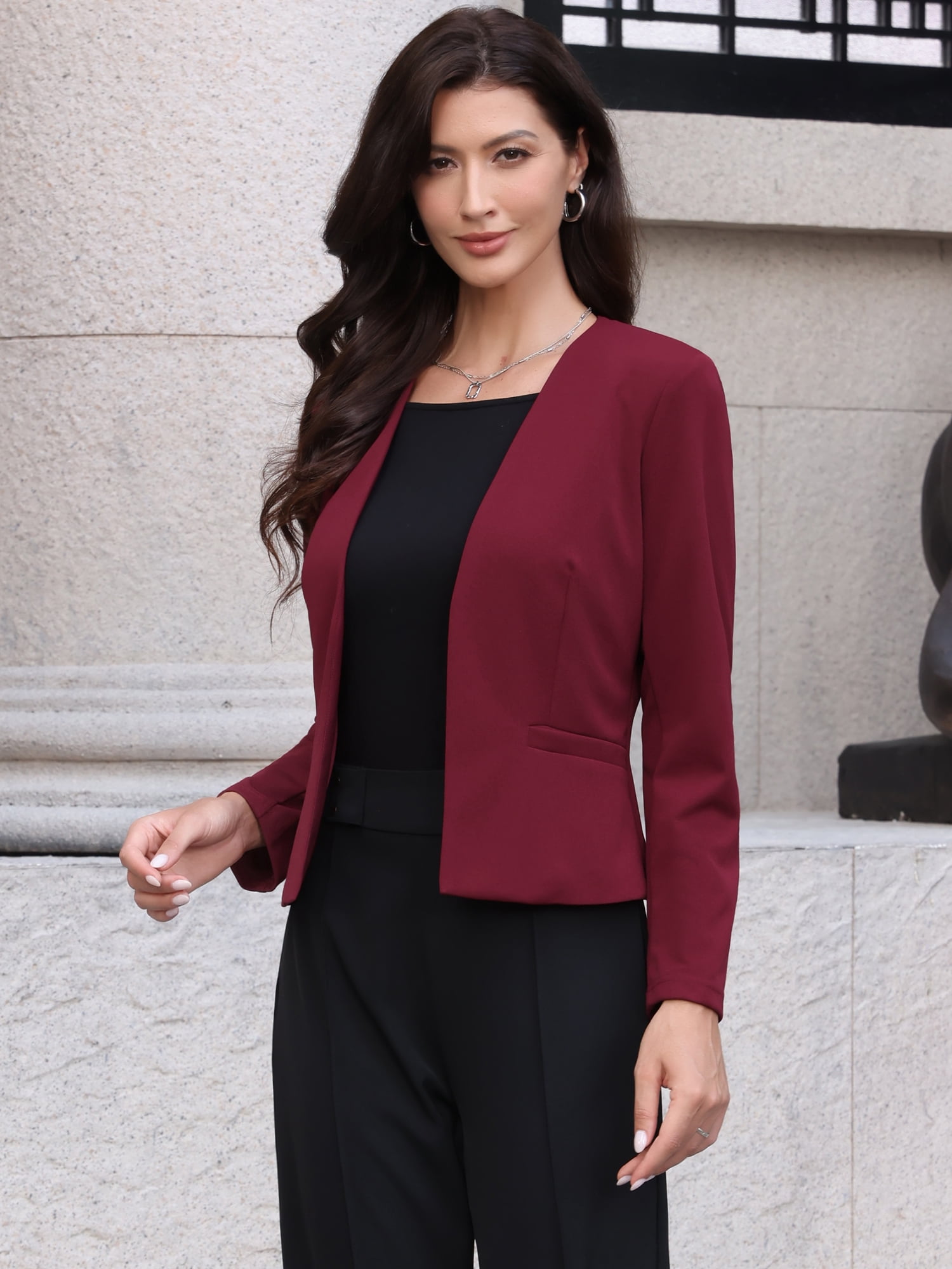DARING DIVA Women's Collarless Business Outfits Open Front Suit Blazer S Burgundy