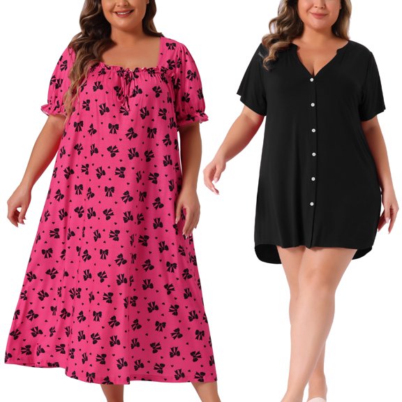 NOMADIC NOOK Women's Plus Size 2 Piece V Neck Button Down Sleepshirt and Square Neck Short Sleeve Cherry Print Sleep Dress Nightgown Set 1X Hot Pink/Black