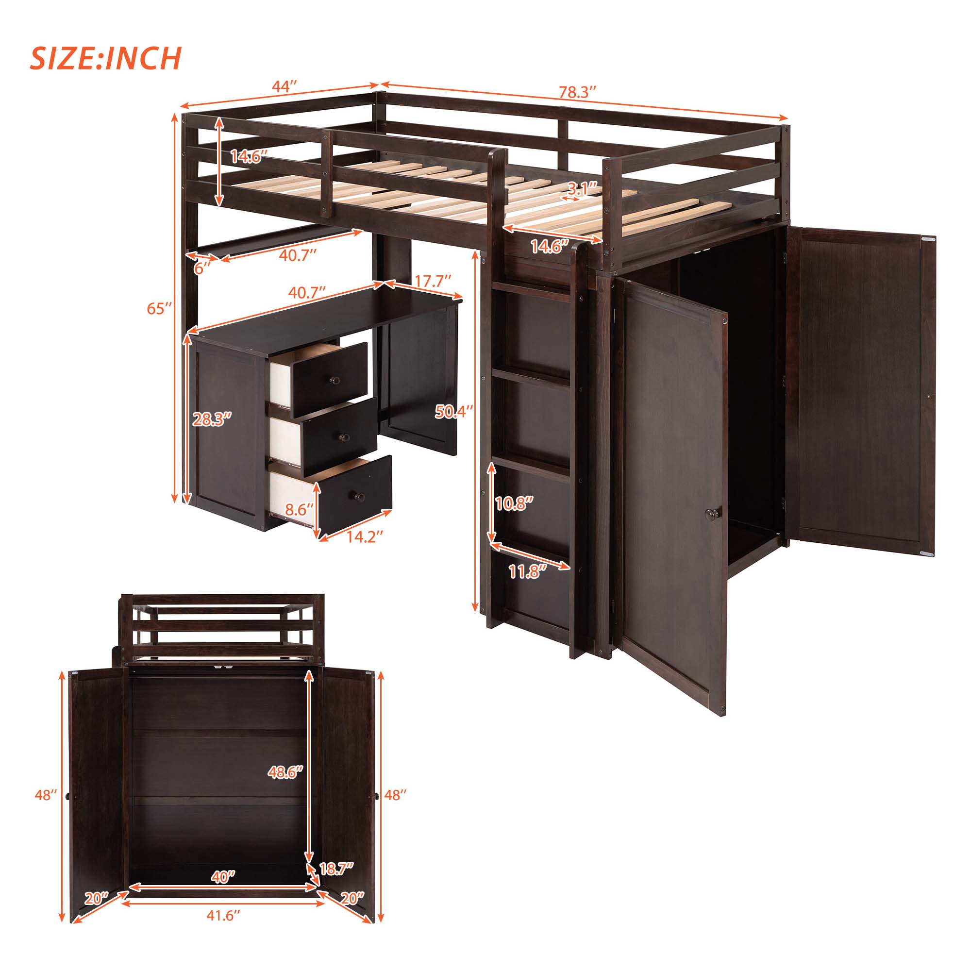 Aukfa Loft Bed with Wardrobe and Drawers Kids Solid Wood Twin Bed with Desk Espresso