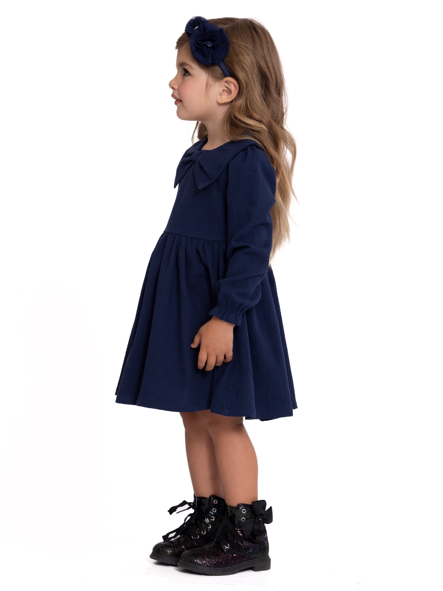Wonder Nation Toddler Girls Puckered Bow Dress with Long Sleeves, Sizes 12M-5T