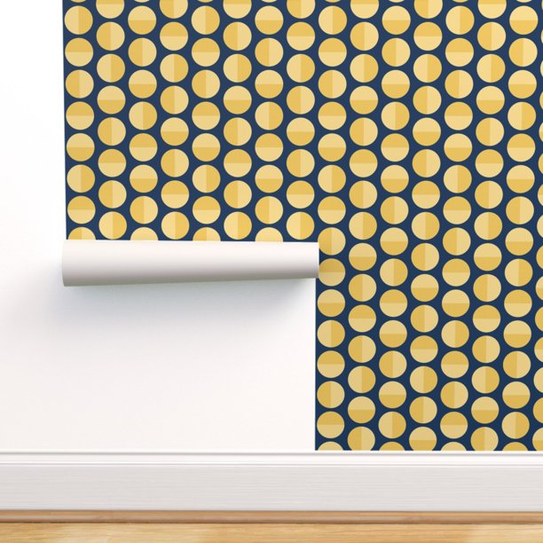 Peel & Stick Wallpaper 12ft x 2ft Mid Century Circles Midnight Yellow Midcentury Modern