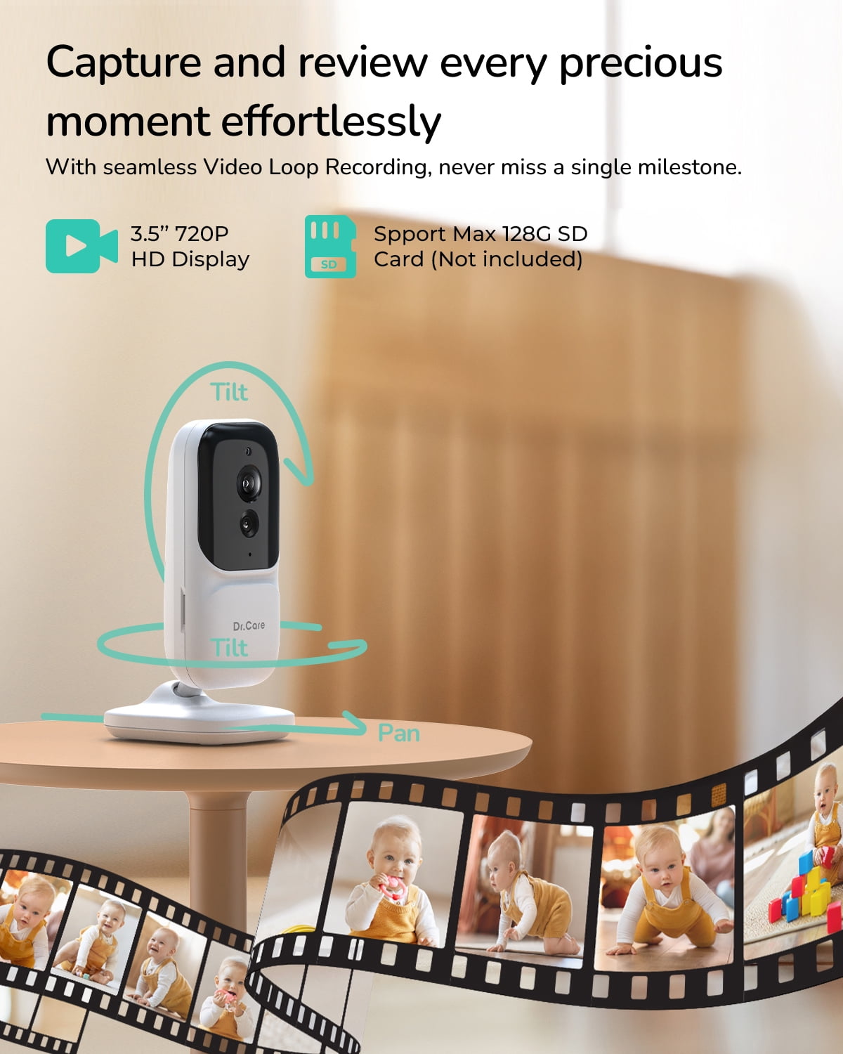 Dr.Care 3.5" Video Baby Monitor with 4X Zoom Camera, 2-Way Audio, Video Recording, Night Vision
