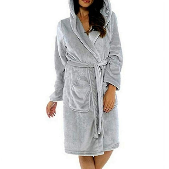 Fleece Bathrobe Women Dressing Gown Hooded Towling Bath Robe NightwearS