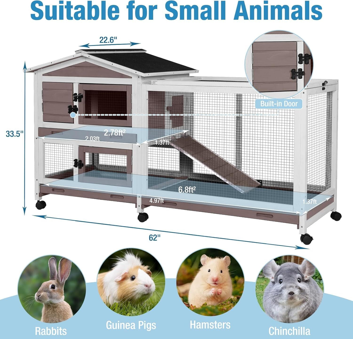 MEDEHOO Rabbit Hutch Indoor, 62’’ Bunny Hutch Outdoor, Mobile Rabbit House with Wheels, Wooden Bunny Cage with Leakproof Tray, Chew-Proof Ramp for Guinea Pig(Brown)