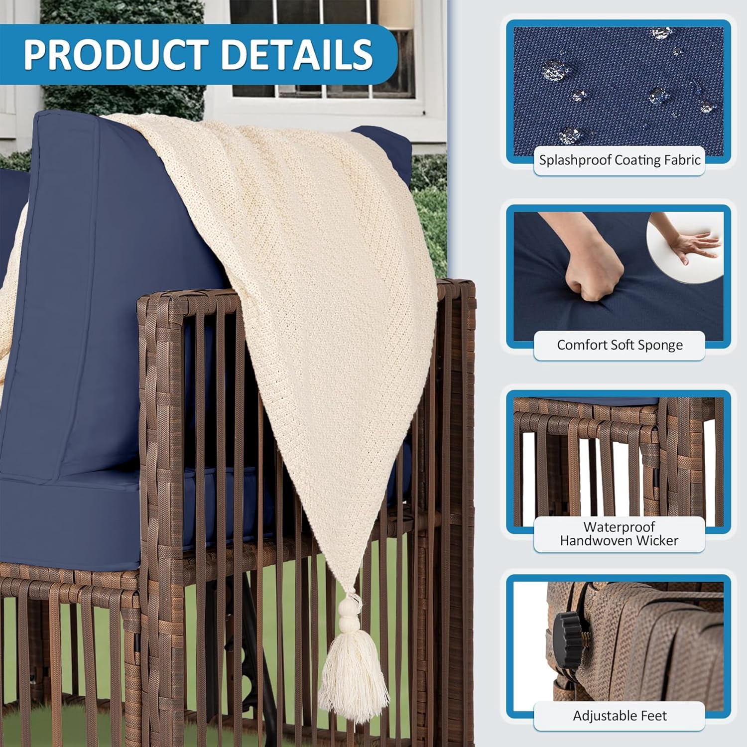 Ainfox 7 Pieces Outdoor Wicker Patio Furniture Set, Adjustable Backrest Sectional Conversation Couch with Thick Cushions & Coffee Table for Garden Porch Poolside, Brown/Blue
