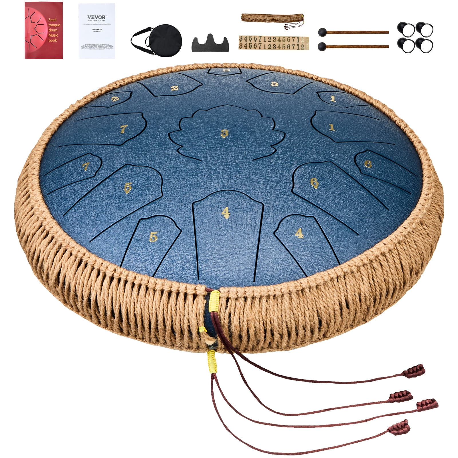 VEVOR Steel Tongue Drum, 14 in & 15 Notes, Rain Drum for Outside Garden, C Major Key, Tank Drum with 2 Mallets & Carry Bag, Hand Pan Drum Percussion Instrument for Musical Education Yoga, Navy Blue