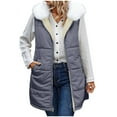 thumbnail image 2 of Long Puffer Vests for Women Outerwear Fleece Fall Winter Warm Sleeveless Zip up Detachable Hat Collar Coat with Pockets New Dark Gray 5XL, 2 of 9