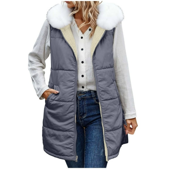 Busydd Womens Vest Fashion Solid Color Sleeveless Puffer Vest Comfy Warm Hooded Long Women's Outerwear Vests Plus Size Vest for Women with Pockets and Detachable Hat Collar M