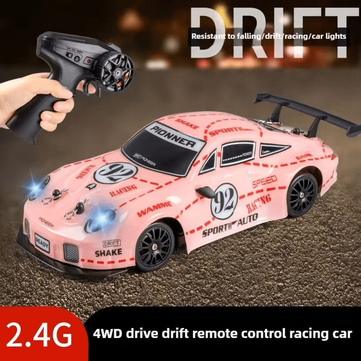 RC Drift Car for Kids with 2 Tires & Batteries, Light up 4WD RC Race Car for Ages 3+ Gifts(Red)