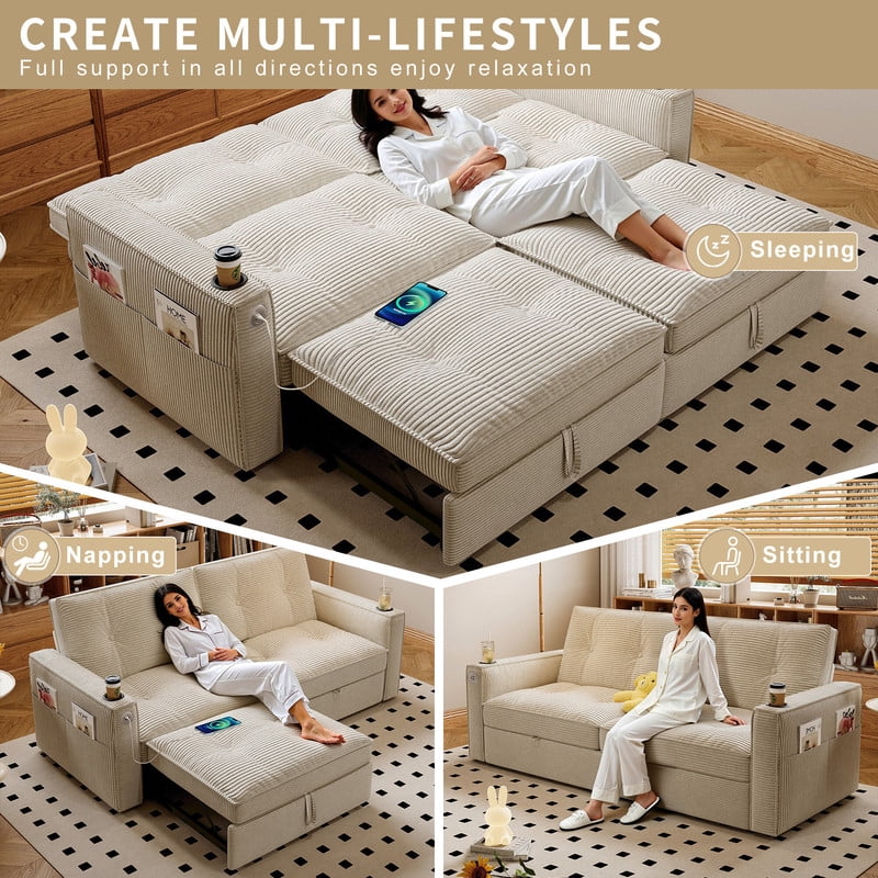 72.6" Convertible Sofa Bed, 2-in-1 Sleeper Sofa with USB Charging Ports & Side Pockets, Modern Corduroy Upholstered Sofa Couch with Steel Frame for Living Room, Bedroom, Apartment