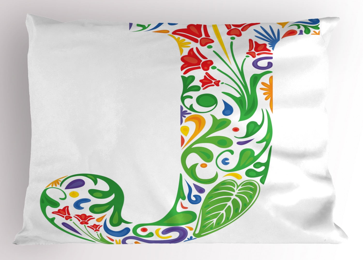 Letter J Pillow Sham Initial Capital J with Tropical Nature Elements