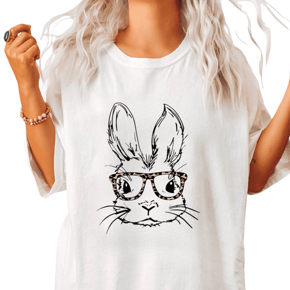 Bunny With Leopard Print Sunglasses Line Art Graphic Short Sleeve T-Shirt Crewneck White Tops