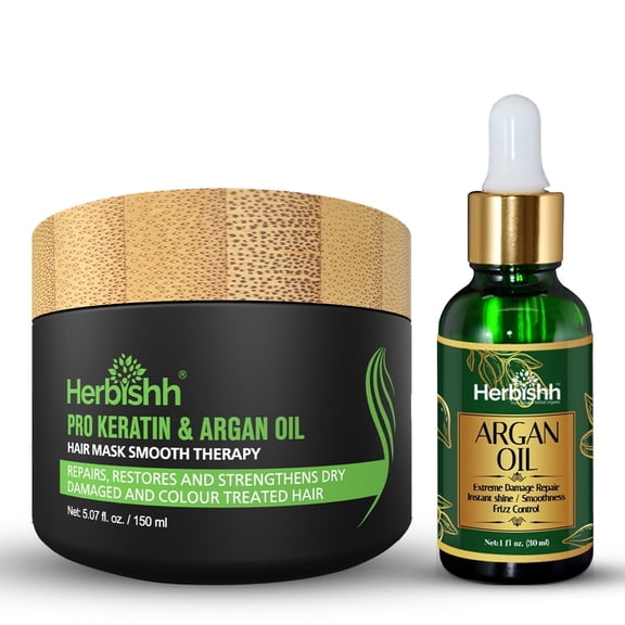 Herbishh Argan Oil & Hair Mask Combo for Deep Conditioning Treatment – 30ml Argan Oil for Hair Repair & Frizz Control   150ml Argan Hair Mask for Hydration, Sulfate & Paraben Free