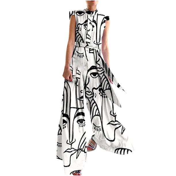 Monos de mujer Mono de cintura sin mangas de color con estampado suelto Fridja alkflakhf36108