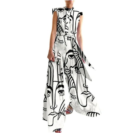 

2023 Women s Summer Jumpsuits Casual Sleeveless Drawstring Elastic Waist Loose V Neck Graphic Overalls with Pockets