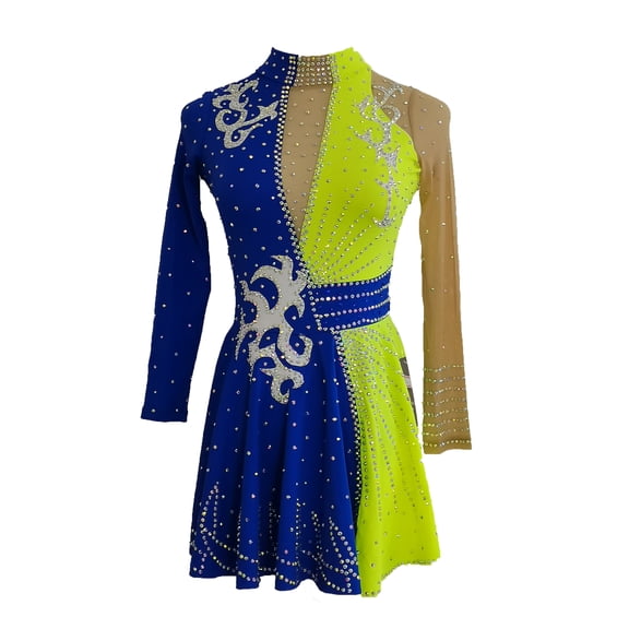 LIUHUO Customizable Color Blocked Figure Skating Dress for Women Girls Blue and Neon Yellow with Rhinestone Embellishments