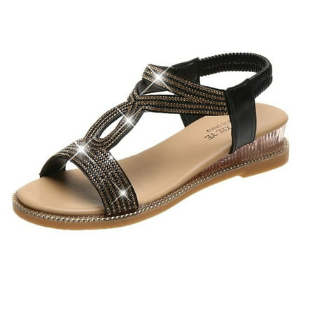 

nsendm Womens Sandals Size 9 Rhinestone Wedge Elastic Strap Sandals Sandals Sports Sandals for Women Wide Width Sandal Black 6.5