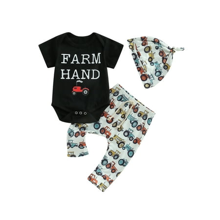 

HOANSELAY Baby 3Pcs Summer Outfits Short Sleeve Letter Print Romper + Tractor/Chicken Pants + Knot Hat Set