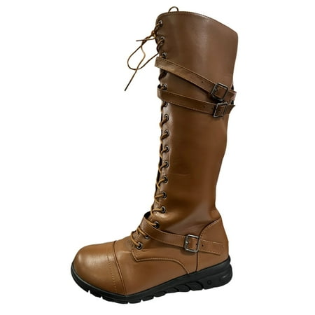 

PMUYBHF Foreign Trade Large Size Women s Boots Barrel Boots Side Zipper Boots Flat Bottom Belt Buckle Leather Boots 40.98