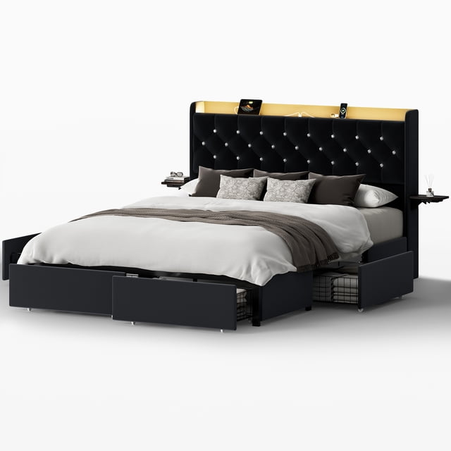 GUNAITO Queen Size Bed Frame with 4 Storage Drawers, Velvet Upholstered LED Bed with LED and USB Ports, Modern Wingback Headboard Bed with Bedside Storage Board, Black