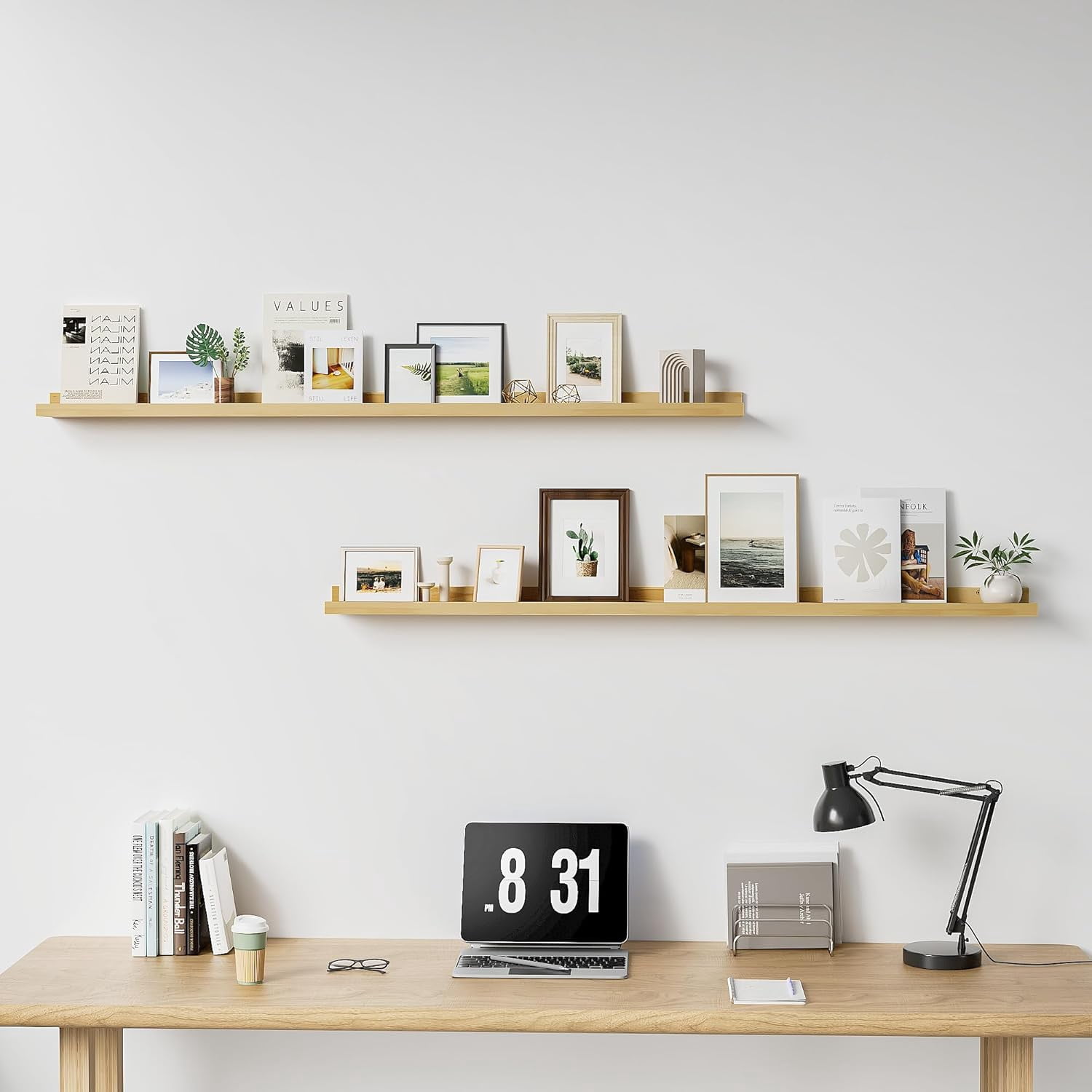 Long Floating Shelves for Wall, 56 inch Solid Wood Picture Ledge Shelf, Picture Shelf for Wall with Ledge, Floating Book Shelves for living room Bedroom Nursery Decor, Natural Finished, Set of 2