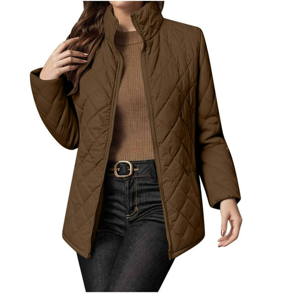 aohooy Long Puffer Jackets Womens Winter Ultra Light Quilted Long Down Coats Stand Collar Full Zip Pockets Long Sleeve Outerwear 2025 Brown,XL