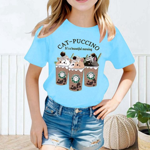 Little Girls T-Shirts Tops Kid Cute Fashion Printed Round Neck Short Sleeve Tee Summer Casual Loose T Shirt Comfortable Tops Blue 8-10T