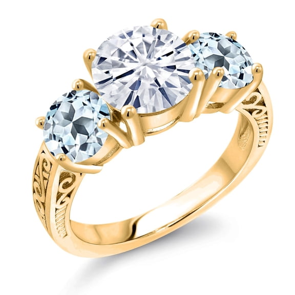 Gem Stone King 18K Yellow Gold Plated Silver White Moissanite and Sky Blue Topaz Engagement Ring for Women | 3.90 Cttw | Round 8MM | Gemstone Birthstone | Size 7
