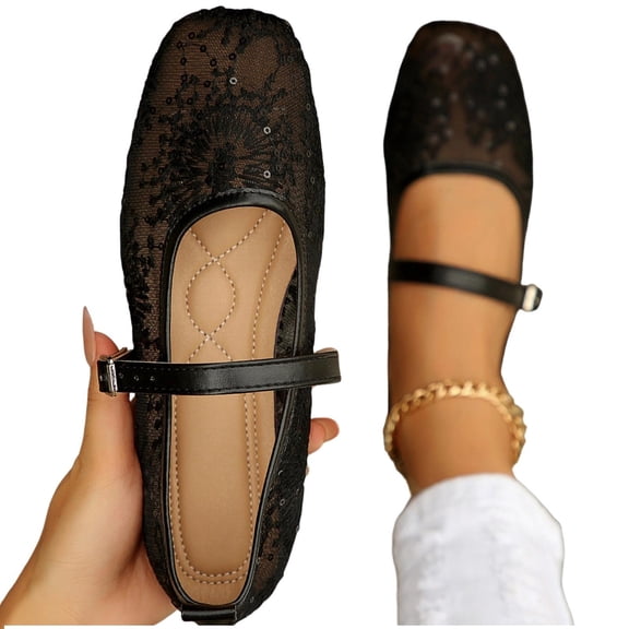 Fnooota Women's Flat Shoes, Non-slip Square Toe Lightweight Lace Casual Party Shoes Black Size 6.5
