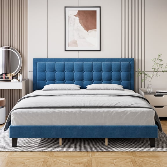 King Size Platform Bed Frame with Upholstered Button Tufted Headboard, Metal Foundation with Wood Slats Support No Box Spring Needed for Bedroom in Blue