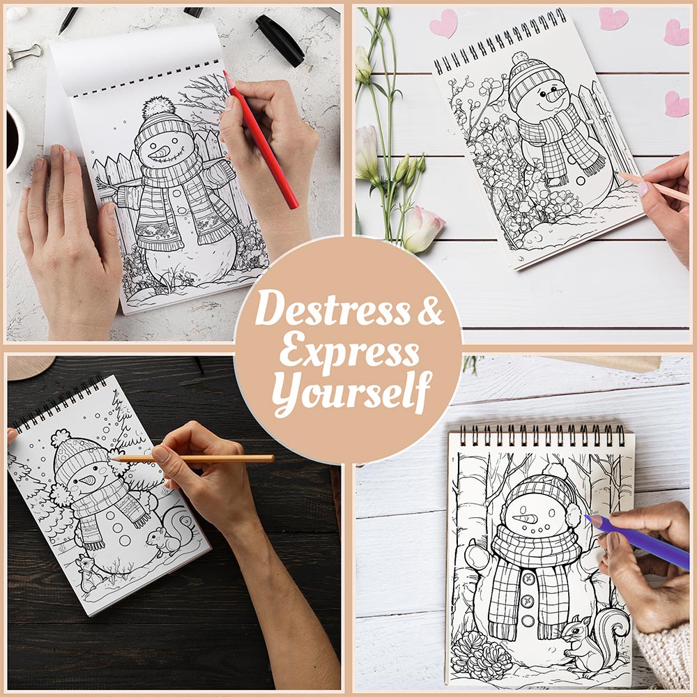Netecom Snowman Coloring Book Spiral Bound for Adults, A5 Wooden Cover, 30 Cheerful Snowman Coloring Pages in Merry Christmas Day for Stress Relief and Relaxation