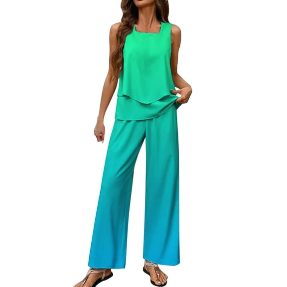 MSJUHEG Womens Two Piece Sets Summer Two Piece Outfits Summer Tank Crop Top Wide Leg Pants Set Beach Sets for Women Linen Sets for Women 2 Piece Summer Work Outfits for Women Green L