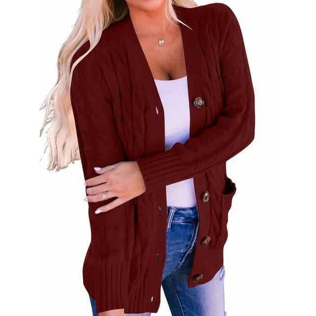 Women'S Fall Long Sleeve Cable Knit Sweater Open Front Cardigan Button Loose Outerwear Wine Red M
