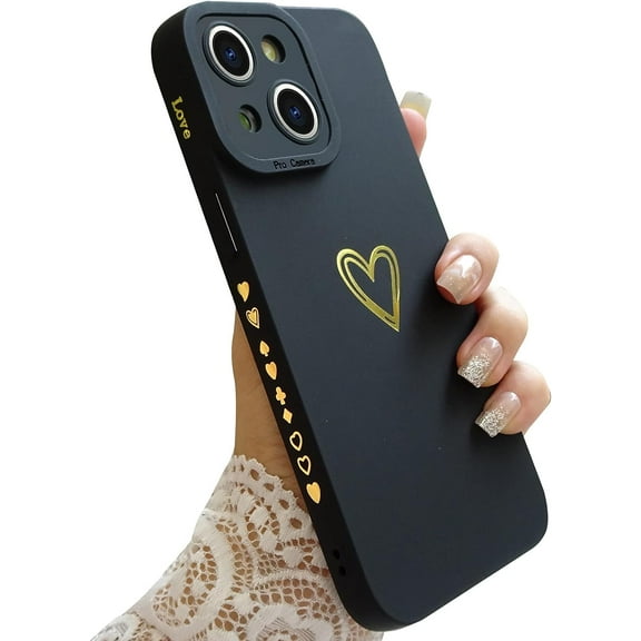 Compatible for iPhone 14 Plus Case Luxury Gold Heart Pattern, Side Cute Plated Heart Pattern Case for Women Girls Soft TPU Shockproof Camera Protective Back Cover Case - Black